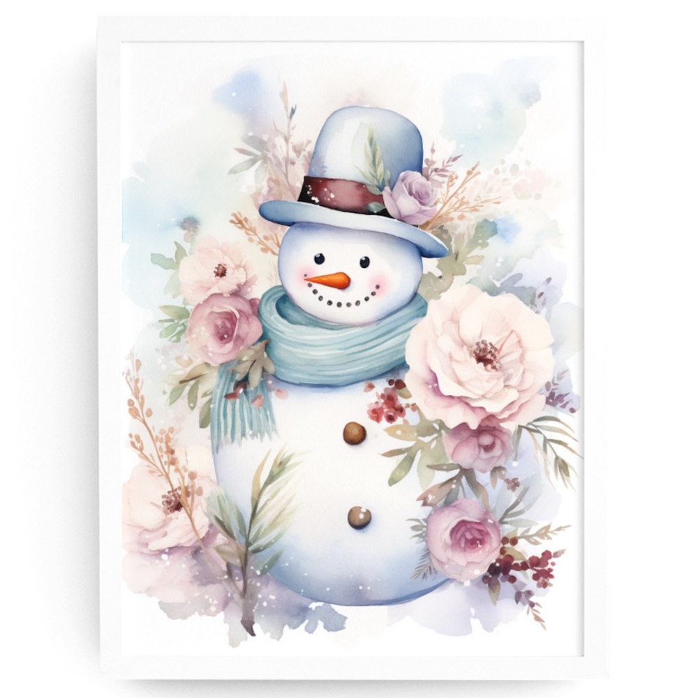 Watercolor Snowman Christmas Theme Wall Art Illustration Print Unframed